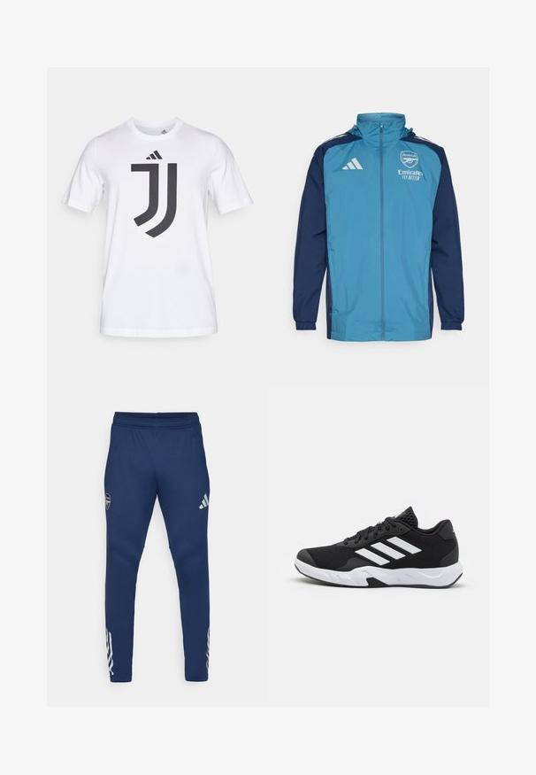 Chaqueta impermeable ligera con un frente en color azul petróleo y mangas en color marino, con cierre de cremallera, capucha y detalles del logo en el pecho.; Camiseta de algodón blanca con mangas cortas que presenta un gran diseño del logo negro de Juventus en el frente. Cuello redondo, ajuste estándar.; Pantalones deportivos de color navy con cinturilla elástica, diseño de pierna tapered, logo plateado en el muslo y distintivas tres franjas en la parte inferior de la pierna.; Zapatillas deportivas negras con una parte superior de malla texturizada, rayas de acento blancas, suela acolchada y talón reforzado para mayor soporte.