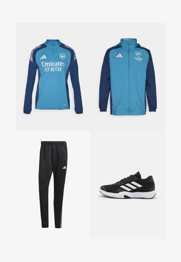 Giacca leggera impermeabile con un davanti color teal e maniche navy, caratterizzata da una chiusura a zip, cappuccio e dettagli con logo sul petto.; Maglietta sportiva blu a maniche lunghe con collo a zip, con logo dell'Arsenal e il testo "Emirates FLY BETTER", con pannelli laterali blu navy e strisce bianche.; Pantaloni sportivi neri con una cintura elastica, strisce laterali bianche e un piccolo logo bianco sulla coscia. Realizzati in un materiale liscio e leggero.; Scarpe da ginnastica nere con una tomaia in mesh texturizzata, strisce bianche di accento, suola imbottita e tallone rinforzato per supporto.