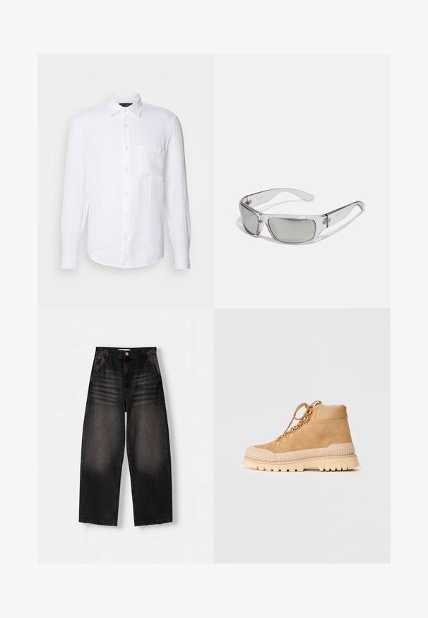 Brązowa bomberka z sztucznego futra z zamkiem z przodu, kapturem i prążkowanymi mankietami. Posiada wielotonową teksturę oraz miękki, gruby materiał.; Biała koszula z długim rękawem wykonana z teksturowanej lni, z kołnierzykiem zapinanym na guziki, kieszenią na piersi i beżowymi guzikami na jednolitym tle.; Dwa bezrękawniki w ciemnoszarym i brązowym kolorze, uszyte z gładkiego materiału. Każdy z wysokim dekoltem i dopasowanym fasonem z kontrastowymi detalami szwów.; Czarne jeansy typu wide-leg z przetarciami, z pięcioma kieszeniami, zapięciem na guzik oraz subtelnymi detalami w postaci przetarć z przodu.; Beżowe zamszowe trampki typu high-top z żebrowaną gumową podeszwą, okrągłym noskiem i metalowymi oczkami do sznurowadeł; wyposażone w miękką, puszystą wyściółkę wewnętrzną.; Okulary przeciwsłoneczne z przezroczystą plastikową ramką, szarymi soczewkami, w kształcie owalu oraz z logo po boku. Gładka faktura z zakrzywionymi ramionami.