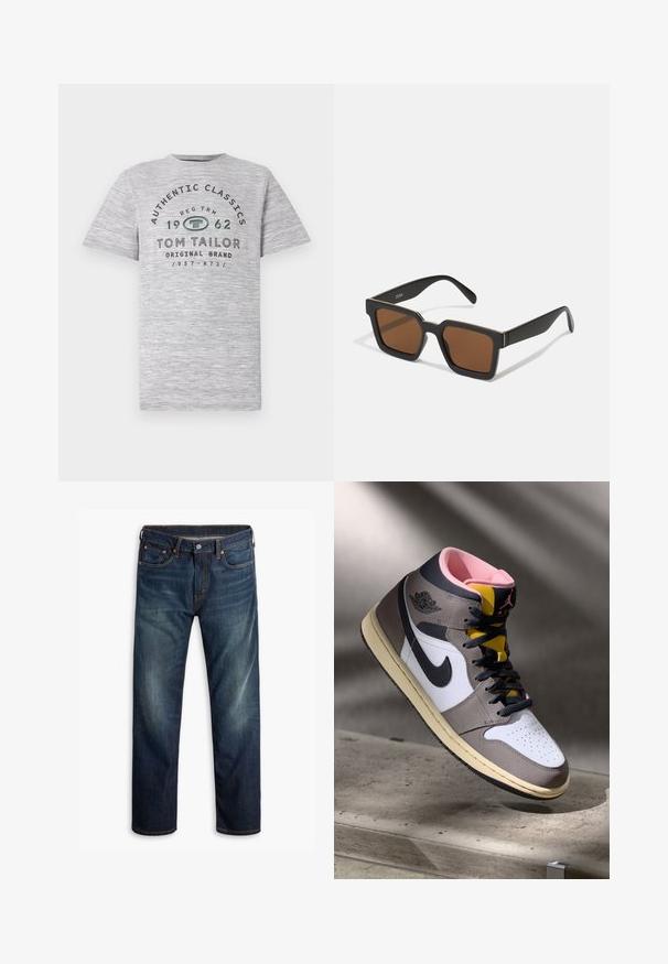 Brūns mākslīgās ādas bomber jaka ar rāvējslēdzēju priekšā, kapuci un ribota apkakle. Iezīmējas ar daudzkārtīgu tekstūru un mīkstu, biezu audumu.; Pelēka heather īsām piedurknēm T-kreklu ar uzrakstiem "Authentic Classics 1962" un "Tom Tailor", kas drukāti kontrastējošā tumši zaļā un melnā krāsā.; Tumši zili džinsi ar vieglu nodilumu uz augšstilbiem, piecu kabatu dizains, pogu aizdare un redzams oranžs diegs uz balta fona.; Augstās Nike Air Jordan kedas baltā, pelēkā un melnā krāsā ar rozā iekšpusi un dzelteno mēli, novietotas uz betona virsmas.; Melni kvadrātveida saulesbrilles ar brūniem lēcām, ar matētu apdari un zelta akcentiem uz rāmja. Dizains ir leņķisks ar plats rokām.; Casio taisnstūra pulkstenis ar baltu seju, zelta akcentiem, romiešu cipariem un brūnu krokodilu rakstu ādas siksnu. Ūdensizturīga konstrukcija.