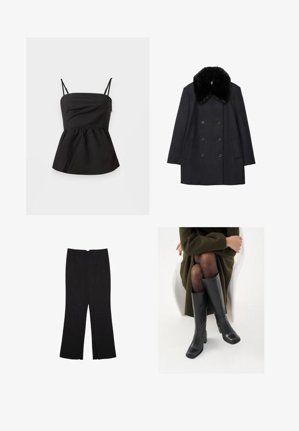 črn volnen plašč z mehkim črnim krznom okrog ovratnika, dvojno gumbno zapiranje in stranskima žepoma. Gladka tekstura in prilagojena oblika.; Črni peplum top z nastavljivimi tankimi naramnicami, gladko teksturo, prilegajočim zaprtjem in razširjenim dnom, brez vidne strojne opreme.; Črne hlače ravnega kroja z naglavnimi žepi in stranskimi razporki na robu. Narejene iz mehke, gladke tkanine. Primerne za različne priložnosti.; Črne usnjene čevlje do kolen s kvadratnim prstom in blok peto, prikazani na modelu, ki sedi v olivno zeleni plašču. Gladka tekstura, minimalne podrobnosti.
