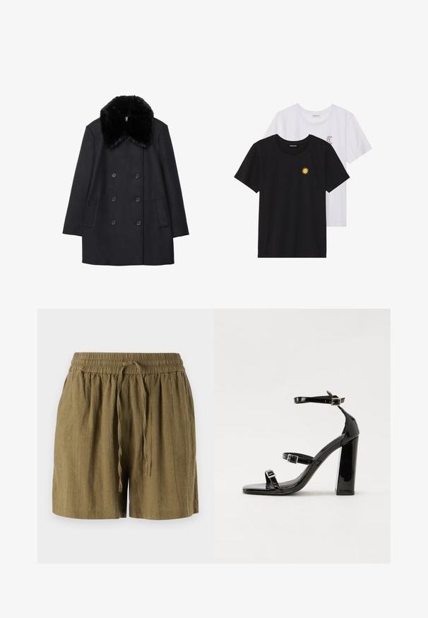 Manteau en laine noir avec un col en fourrure noire pelucheuse, fermeture à double boutonnage et poches latérales. Texture lisse et coupe ajustée.; T-shirts noir et blanc, col rond, manches courtes. Le t-shirt noir présente une broderie de soleil jaune ; le t-shirt blanc a un accent de croissant de lune violet.; Shorts pull-on verts olive en tissu léger, dotés d'une taille élastique et d'un cordon de serrage, avec une coupe décontractée et ample.; Sandales à talons vernies noires avec un bout carré, des sangles autour de la cheville et des boucles en argent. Dotées d'un talon bloc épais pour plus de stabilité.