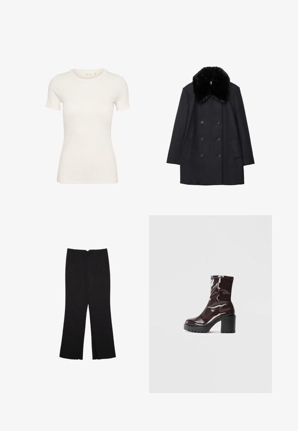 Sort uldfrakke med en plush sort pelskrave, dobbeltradet knaplukning og sidelommer. Glat tekstur og skrædderform.; Kortærmet hvid t-shirt lavet af ribbet bomuld, med en rund hals og figursyet pasform. Ingen synlige mønstre eller detaljer.; Sorte bukser med lige pasform, der har frontlommer og slidser i kanten. Lavet af blødt, glat stof. Velegnet til forskellige anledninger.; Glatte burgunder ankelstøvler med en chunky sort hæl, der har en glat tekstur og et simpelt design. Ingen synlige lukninger eller mønstre.
