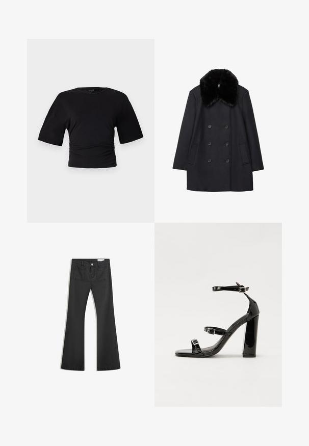 Čierny vlnený kabát s huňatým čiernym kožúškom, dvojradovým zapínaním na gombíky a bočnými vreckami. Hladká textúra a strih prispôsobený postave.; Gina Tricot SOFT TOUCH RUCHED TEE - Základné tričko - black; Čierne rozšírené džínsy vyrobené z denimu s hladkou textúrou, obsahujúce dve zadné vrecká a zapínanie na gombík v páse.; Čierne lakované sandále na podpätku so štvorcovou špičkou, navlečenými remienkami okolo členku a striebornými prackami. Disponujú masívnym blokovým podpätkom pre stabilitu.
