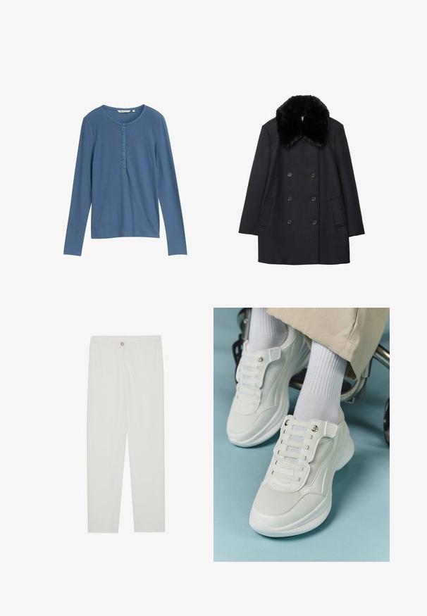 Crni vuneni kaput s plišanim crnim kragnom, dvostrukim dugmadi i bočnim džepovima. Glatka tekstura i kroj po mjeri.; Duge duga plava majica od rebraste tkanine s okruglim izrezom i šest dugmadi na prednjoj strani. Glatka tekstura, prilagođen dizajn.; Bijele, krojene hlače ravnog kroja, s kopčanjem na dugme, petljama za remen i bočnim džepovima; glatka tekstura tkanine.; Bijele tenisice s mrežastim materijalom, gumeni potplat, dizajn bez vezica s elastičnim trakama i zlatnim detaljima.