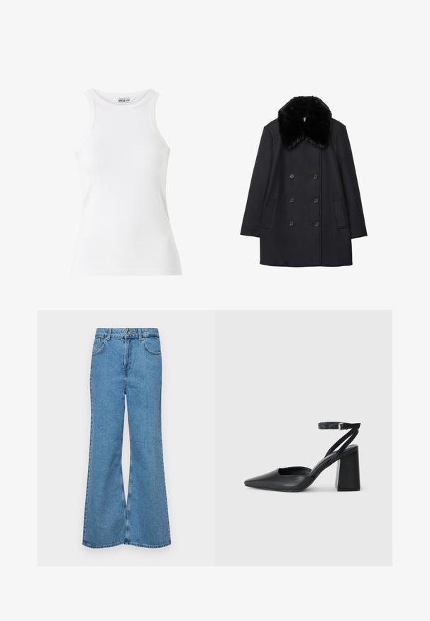Cappotto di lana nera con colletto in pelliccia nera morbida, chiusura a doppio petto con bottoni e tasche laterali. Texture liscia e forma sartoriale.; Top da uomo bianco a costine con scollatura alta e design senza maniche. Texture morbida, forma aderente e dettagli di cucitura minimi.; Jeans svasati di un blu chiaro, realizzati in denim, con vita alta, cinque tasche e chiusura a un bottone. Morbido al tatto con una finitura scolorita.; Pump in pelle nera con punta affusolata, cinturino alla caviglia e tacco spesso. Texture piatta, design elegante ed estetica minimalista.