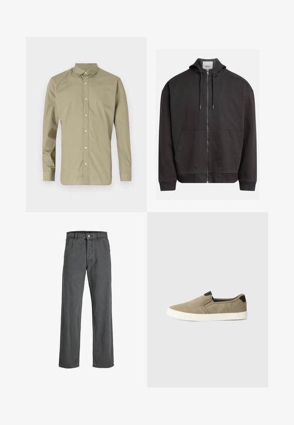 Juoda vilkimo striukė su pilnu užtrauktuku, priekinėmis kišenėmis, gumoje. Tekstūruota medžiaga su raišteliais ant kapišono.; Alyvuogių žalumo mygtukų marškiniai su smailiu apykakle, ilgomis rankovėmis ir lygaus paviršiaus, su skaidriais plastikiniais mygtukais priekyje.; Tamsiai pilki platūs džinsai, pagaminti iš denimo. Yra priekinis mygtukas ir užtrauktukas, diržo kilpos ir klasikinis penkių kišenių dizainas.; Taupe spalvoti bateliai be raištelių su tekstūruotu audiniu viršuje, kontrastingais juodais kulno akcentais ir balta guma padanga. Perforuotas dizainas, užtikrinantis oro pralaidumą.