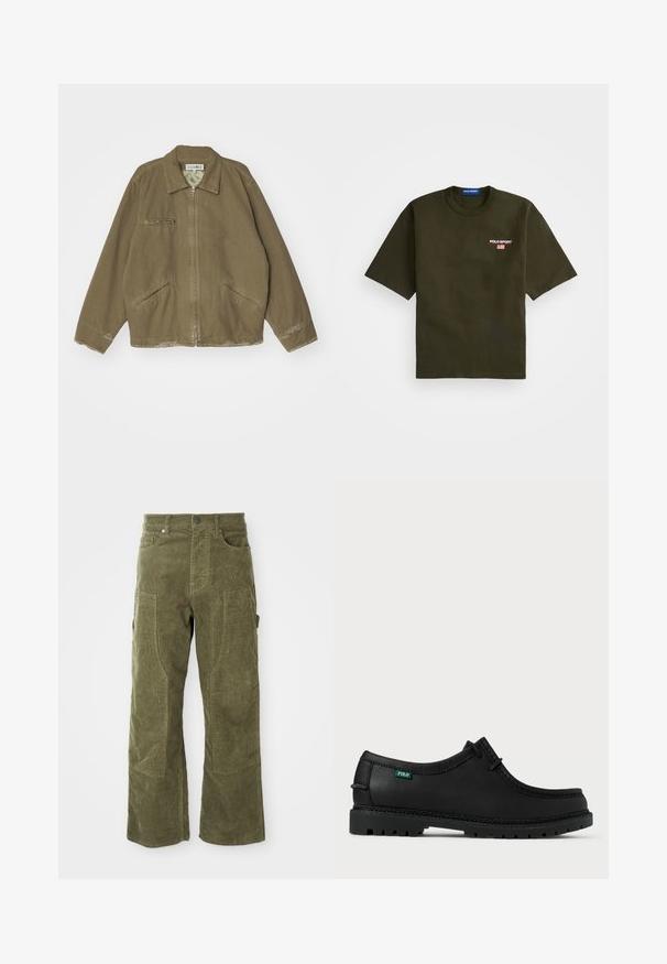 Olívovo zelená, voľná bunda vyrobená z bavlny, s predným zipsom, špicatým golierom a dvoma bočnými vreckami, má tiež jedno vrecko na hrudi.; Olívovo zelené tričko s krátkymi rukávmi, okrúhlym výstrihom a vyšitým logom "POLO SPORT" na ľavej hrudi, so detailom americkej vlajky.; Olivovo zelené kordové nohavice s prednými a bočnými vreckami, zosilnenými panelmi na kolenách a zapínaním na gombík a zips.; Čierna kožená topánka s nízkym profilom, okrúhlou špičkou a textúrovanou podrážkou. Obsahuje zelený štítok "POLO" a kontrastné prešívanie pozdĺž okraja.