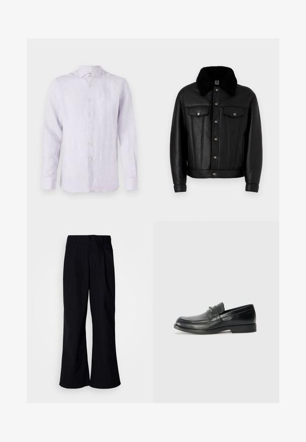 Chaqueta de cuero negra con cuello forrado de piel sintética negra, botones de presión en la parte delantera y dos bolsillos en el pecho. Presenta detalles de costura vertical.; Camisa de lino de mangas largas en lavanda claro, con cuello abotonado, botones frontales y un acabado sutilmente texturizado. Pequeño logo en el pecho.; Pantalones de pierna ancha negros de algodón con un pliegue frontal, que presentan un cierre de botón y pasadores para cinturón, con una textura suave y sin patrones visibles.; Mocasines de cuero negro con punta redonda, que cuentan con un diseño cosido, una pequeña correa frontal con detalles de metal y una suela de goma plana.