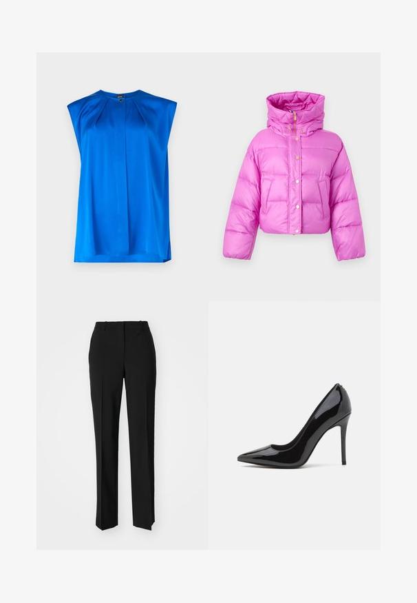 Κοντό ροζ φούτερ μπουφάν με ψηλό λαιμό, μπροστινές κουμπώματα με κλιπ και γυαλιστερή υφή; διαθέτει δύο πλαγίσια τσέπες και κουκούλα.; Μπλε αμάνικο μπλουζάκι από λεία ύλη. Διαθέτει πτυχώσεις στους ώμους και διακριτικό γιακά. Ευθεία γάζα με πλαινές σχισμές.; Μαύρο κοντομάνικο μπλουζάκι από απαλό βαμβάκι, με στρογγυλή λαιμόκοψη και ομαλή υφή. Απλός σχεδιασμός χωρίς μοτίβα ή διακοσμητικά.; Μαύρο παντελόνι με ραφή που έχει σχεδιασμό ίσιας γραμμής, διαθέτει λεία υφή και καθαρές πτυχώσεις κατά μήκος της μπροστινής πλευράς. Χωρίς ορατό μεταλλικό υλικό.; Μαύρο παπούτσι με ψηλό τακούνι από πατενταρισμένο δέρμα, με pointed toe και λεία υφή, διαθέτοντας λεπτό τακούνι στιλέτο. Χωρίς ορατές διακοσμήσεις.