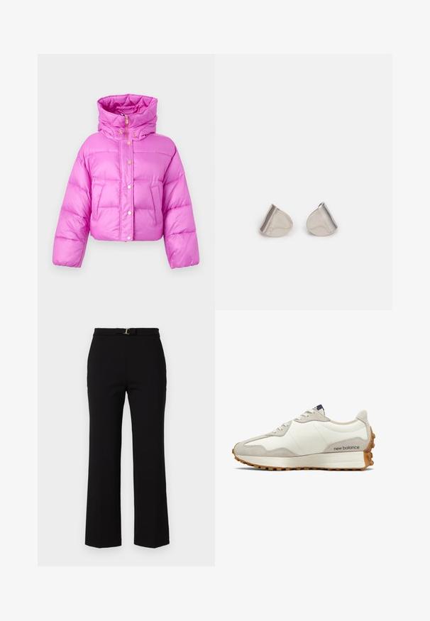 Skraćena ružičasta puffer jakna s visokim ovratnikom, prednjim dugmadima na pritisak i sjajnom teksturom; sadrži dva bočna džepa i kapuljaču.; Crna kratka majica s kratkim rukavima izrađena od mekanog pamuka, s okruglim izrezom i glatkom teksturom. Jednostavan dizajn bez uzoraka ili naglasaka.; Crne hlače visokog struka od glatkog materijala, s pojasom sa zlatnom kopčom i dizajnom nogavica koje se šire.; Bijele i bež tenisice s glatkom kožnom gornjom površinom, suedenim akcentima, zaobljenim vrhom i teksturiranim gumiranim potplatom. Ime branda otisnuto je sa strane.; Srebrne metalne naušnice s glatkim, oblikom suze i poliranim završetkom. Suptilni utori dodaju detalje. Minimalistički dizajn.