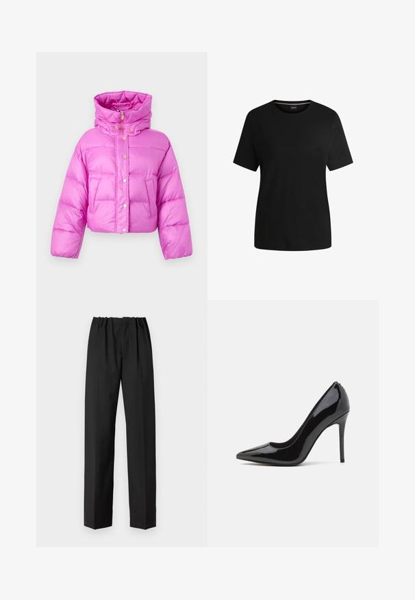 Skraćena ružičasta puffer jakna s visokim ovratnikom, prednjim dugmadima na pritisak i sjajnom teksturom; sadrži dva bočna džepa i kapuljaču.; Crna kratka majica s kratkim rukavima izrađena od mekanog pamuka, s okruglim izrezom i glatkom teksturom. Jednostavan dizajn bez uzoraka ili naglasaka.; Crne hlače ravnog kroja, s elastičnom strukom i glatkom teksturom. Nema vidljivih uzoraka ili metalnih detalja.; Crne lakirane kožne štikle s uskim vrhom i glatkom teksturom, koje imaju vitak stiklu. Nema vidljivih ukrasa.