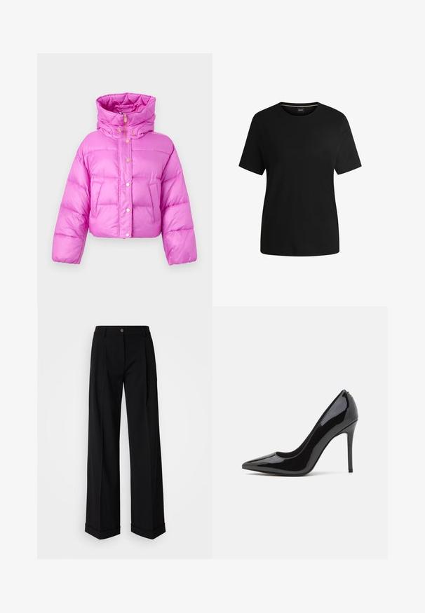 Korte rosa puff jakke med høy krage, frontknapper og en blank tekstur; har to sidelommer og en hette.; Svart kortermet t-skjorte laget av myk bomull, med rund hals og en glatt tekstur. Enkelt design uten mønstre eller detaljer.; Sorte vide bukser med et glat stof, der har en frontknap lukning og to forknyttede detaljer. Hribben er cuffed. Minimalistisk design.; Svart patentlær høyhælte pumps med spiss tå og glatt tekstur, med en slank stiletthæl. Ingen synlige dekorasjoner.