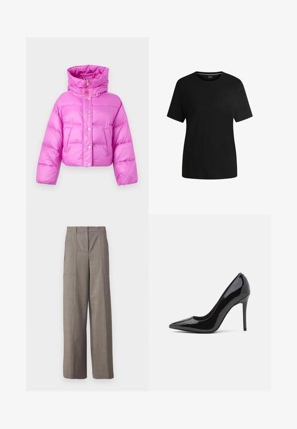 Κοντό ροζ φούτερ μπουφάν με ψηλό λαιμό, μπροστινές κουμπώματα με κλιπ και γυαλιστερή υφή; διαθέτει δύο πλαγίσια τσέπες και κουκούλα.; Μαύρο κοντομάνικο μπλουζάκι από απαλό βαμβάκι, με στρογγυλή λαιμόκοψη και ομαλή υφή. Απλός σχεδιασμός χωρίς μοτίβα ή διακοσμητικά.; Γκρί παντελόνια σε ευρεία γραμμή με απαλή υφή, διαθέτοντας μπροστινές πλαϊνές τσέπες και ψηλή μέση, που αναδεικνύουν μια κομψή εμφάνιση.; Μαύρο παπούτσι με ψηλό τακούνι από πατενταρισμένο δέρμα, με pointed toe και λεία υφή, διαθέτοντας λεπτό τακούνι στιλέτο. Χωρίς ορατές διακοσμήσεις.