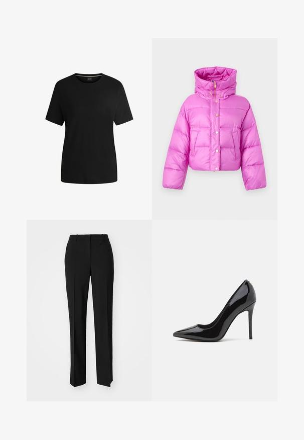 Skraťená ružová puffer bunda s vysokým golierom, prednými patentkami a lesklou textúrou; obsahuje dve bočné vrecká a kapucňu.; Čierne tričko s krátkym rukávom vyrobené z jemnej bavlny, s klasickým okrúhlym výstrihom a hladkou textúrou. Jednoduchý dizajn bez vzorov alebo akcentov.; Čierne krajčírské nohavice so strihom rovného nohu, s hladkou textúrou a ostrými skladmi pozdĺž prednej časti. Žiadne viditeľné hardvér.; Čierne lakované kožené vysoké podpätky s špicatou špičkou a hladkým povrchom, s úzkym stiletto podpätkom. Bez viditeľných ozdôb.