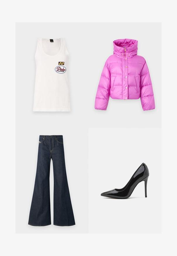 Jachetă roz scurtă cu guler înalt, butoane frontale cu capse și o textură lucioasă; are două buzunare laterale și o glugă.; Tricou alb din bumbac cu decolteu rotund, decorat cu două broderii: un pătrat cu carouri și un oval cu textul "Pinko Garage."; Jeans negri închis, evazați, din denim, având talie înaltă, accente din fir auriu și două buzunare frontale cu închidere prin buton.; Pantofi cu toc înalt din piele patent neagră, cu vârf ascuțit și textură netedă, având un toc subțire de tip stiletto. Fără ornamente vizibile.