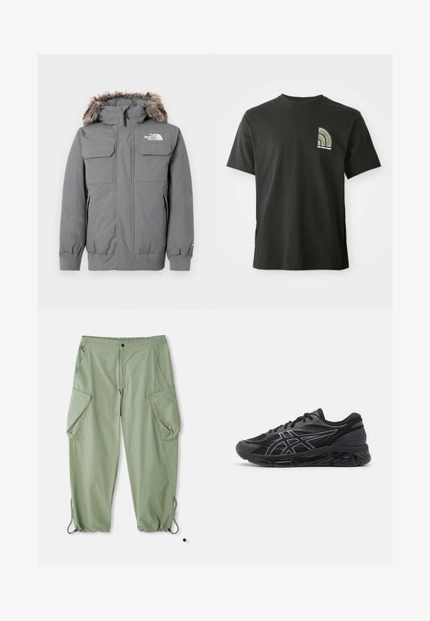 Grå isoleret jakke med aftagelig hætte med faux fur trim, to brystlommer og elastiske manchetter. Logoet er vist på brystet.; Sort kortærmet T-shirt med rund hals, der har et lille grønt og hvidt kvart- cirkel logo samt teksten "The North Face" på venstre bryst.; Lys grønne cargo bukser med elastisk talje, flere sidelommer og snore ved anklerne. Fremstillet af slidstærkt, struktureret stof.; Herrerunning sko i sort mesh med reflekterende sølv detaljer, der har en polstret sål og en struktureret overflade for godt greb.