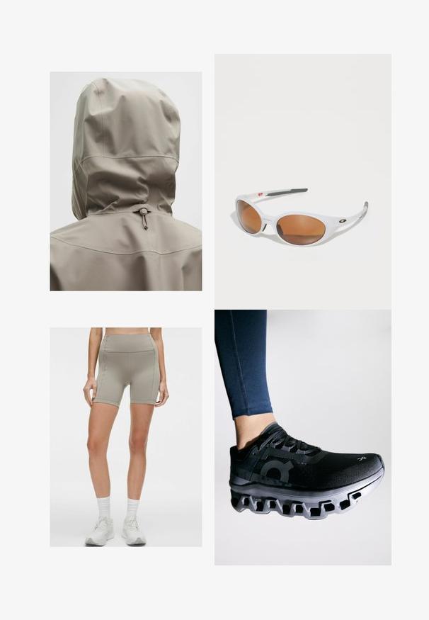 Svetle béžová nepromokavá bunda s přiléhavou kapucí, elastickou šňůrkou a hladkým povrchem. Švy na zadní straně.; Černý crop top s dlouhým rukávem v kombinaci s užšími tmavě šedými legínami. Top má jednoduchý design; legíny mají boční švy a hladký povrch.; lululemon SWIFT SPEED HIGH-RISE 15CM - Krátké běžecké legíny - warm ash grey; Černá běžecká bota s texturovaným svrškem a výjimečnou mezipodešví s jedinečným segmentovaným designem. Ozdobena logem na boku.; Bílé sluneční brýle s hnědými čočkami, oválného tvaru, vyrobené z hladkého plastu, s šedými akcenty na ramenech a logem na obrubě.; Hedvábný čtvercový šátek s živým abstraktním vzorem v červené, růžové a zelené barvě, lemovaný tmavě vínovým okrajem.