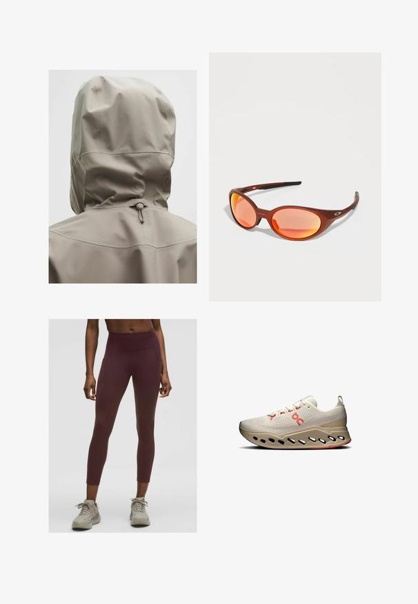 Giacca impermeabile beige chiaro con cappuccio aderente, cordino elastico e texture liscia. Dettagli delle cuciture sul retro.; Top corto nero a maniche lunghe abbinato a leggings in grigio scuro aderenti. Il top presenta un design semplice; i leggings hanno cuciture laterali e una texture liscia.; Leggings bordeaux a vita alta realizzati in tessuto elasticizzato, dotati di tasche laterali e di un design aderente che arriva fino alle caviglie.; Scarpe atletiche beige chiaro con una parte superiore testurizzata, accenti rossi e una suola innovativa con fori per la traspirabilità e l'ammortizzazione.; Occhiali da sole rossi con lenti ovali e rivestimento riflettente arancione. Presentano una montatura in plastica leggera e slanciata con accenti neri sulle tempie.; Foulard quadrato di seta con un vivace motivo astratto in rosso, rosa e verde, bordato da una profonda finitura borgogna.