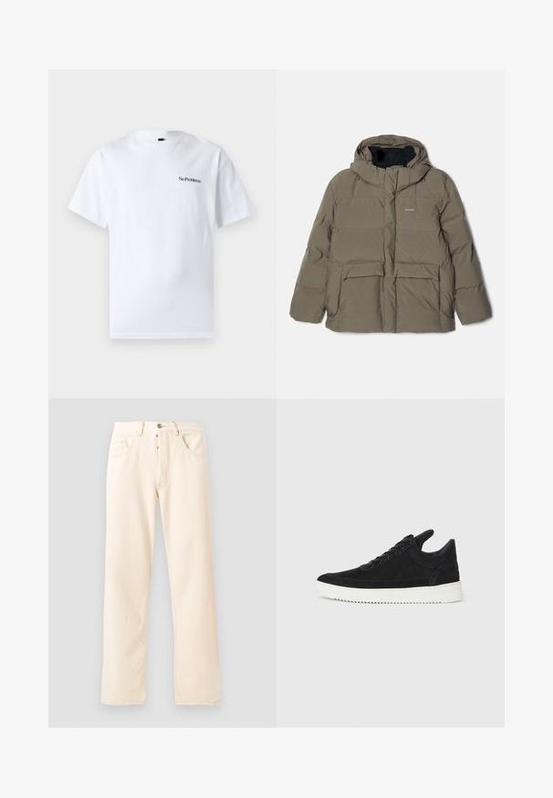 Holzweiler DOVRE JACKET - Páperová bunda - taupe; No Problemo MINI TEE - Základné tričko - white; Svetlo béžové denimové džínsy s rovnými nohavicami, piatimi vreckami a predným zapínaním na gombík. Viditeľné švy pozdĺž švov.; čierne semišové tenisky s bielou gumovou podrážkou, s tonálnym prešívaním a šnurovaním. Hladká textúra s moderným, zjednodušeným tvarom.