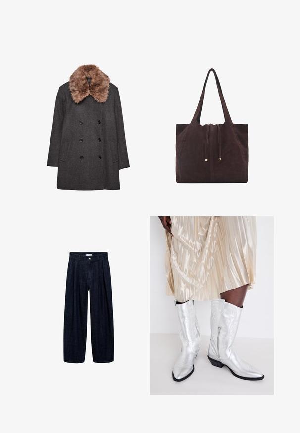 Cappotto doppiopetto grigio scuro in lana con due tasche laterali e un ampio colletto in pelliccia sintetica marrone.; Maglione a coste marrone con scollo rotondo e maniche lunghe, caratterizzato da un tessuto testurizzato e una silhouette aderente.; Pantaloni wide-leg in denim scuro con pieghe in vita, dotati di un bottone frontale e passanti per cintura. Texture liscia e design a lunghezza completa.; Stivali da cowboy argentati con punte appuntite, caratterizzati da intricati disegni in rilievo e una cerniera laterale. Il materiale è lucido e liscio, con un tacco basso a blocco.; Mango Shopping bag - dark brown