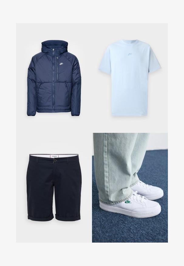 Dunkelblaue Daunenjacke mit einem Frontreißverschluss, hohem Kragen und Kapuze. Besitzt Raglanärmel und ein weißes Nike-Logo auf der Brust.; Himmelblaues Baumwoll-T-Shirt mit kurzen Ärmeln, Rundhalsausschnitt und gesticktem Nike-Logo in einem leicht dunkleren Blau auf der Brust.; Marineblaue Shorts aus Baumwollstoff, mit flachem Frontschnitt, aufgerollten Säumen und einem einzelnen Knopfverschluss vorne.; Weiße Leder-Sneaker mit grünem Nike-Logo, runde Zehenpartie, flache Sohle, kombiniert mit hellblauen Jeans, präsentiert auf einem blauen Teppich.