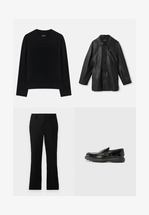 Cappotto in pelle nera con colletto, chiusura a bottone, due tasche frontali e finitura testurizzata. Presenta un'etichetta sul colletto per l'identificazione del marchio.; Maglione nero in morbido tessuto, con scollo rotondo, maniche lunghe, vestibilità rilassata e orlo a coste. Design semplice e uniforme, senza motivi.; Pantaloni neri a campana realizzati in tessuto misto cotone, caratterizzati da chiusura con bottone, passanti per cintura e una superficie liscia senza motivi visibili.; Mocassino in pelle nera con finitura lucida, punta arrotondata, dettagli di cucitura sottili e suola in gomma spessa per una maggiore durata.