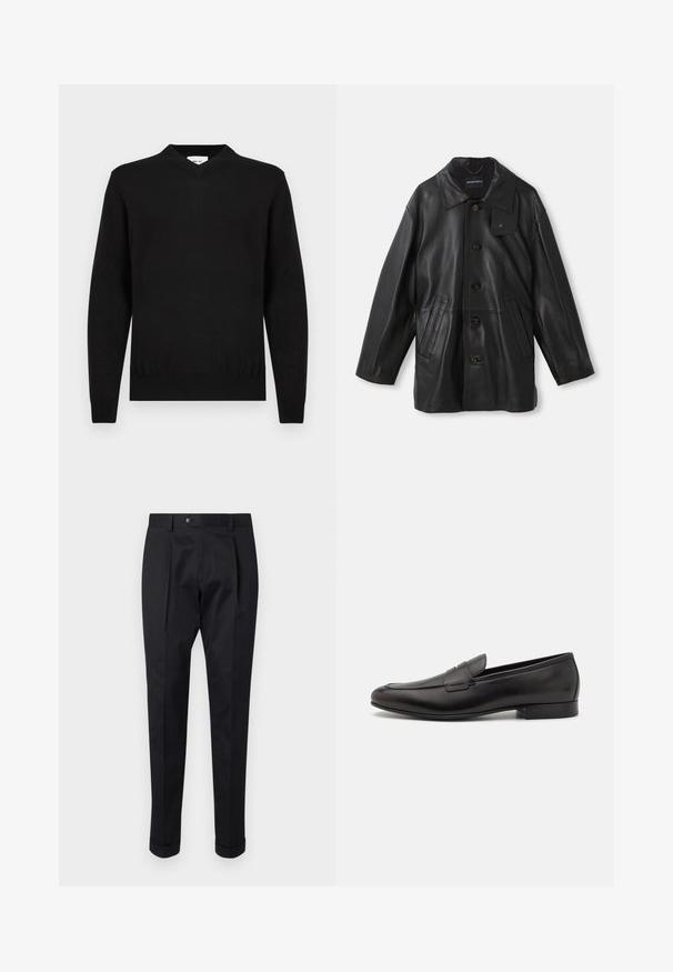 Mustaka nahkatakki, jossa on kaulus, nappikiinnitys, kaksi etutaskua ja teksturoitu pinta. Kauluksessa on bränditunnistusta varten etiketti.; Musta pitkähihaiseksi V-pääntiellä neulotut neulepaita, jossa on ribbireunat hihansuissa ja helmoissa, esitelty valkoista taustaa vasten.; Musta housut, jotka on valmistettu sileästä kankaasta, ja niissä on etuosassa laskos, nappisulku sekä käänteet nilkassa.; Musta nahkakengät, joissa on tyylikäs muotoilu, pyöreä nenä ja matala pino korko. Ylhäällä koristeellinen ompelutaito.