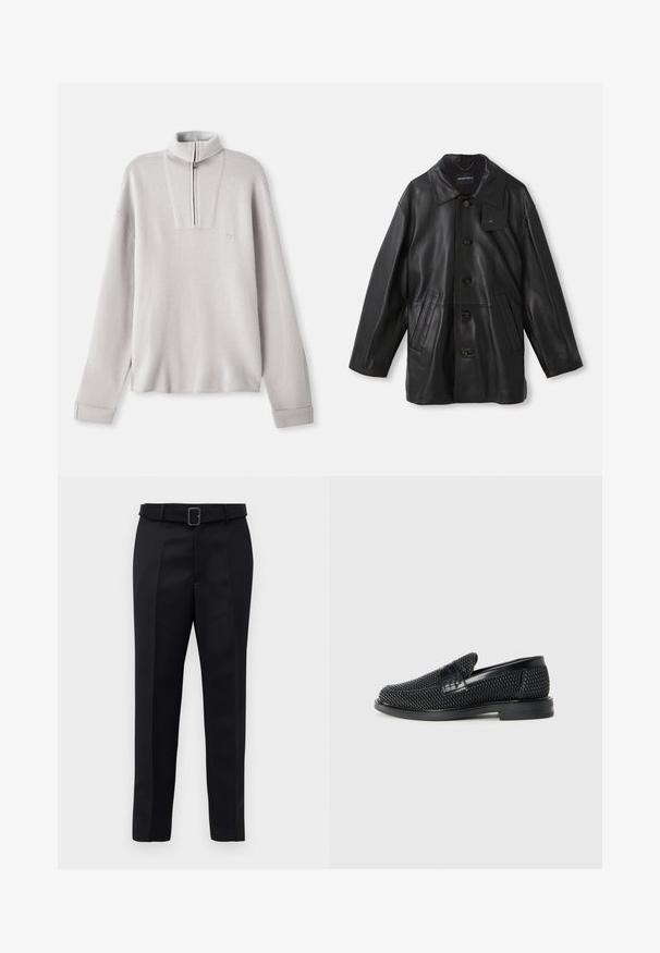 Čierny kožený kabát s golierom, zapínaním na gombíky, dvoma prednými vreckami a textúrovaným povrchom. Obsahuje štítok na golieri na identifikáciu značky.; Svetlo šedý flísový pulover s polovičným zipsom, dlhými rukávmi a malým logom na hrudi. Mäkká textúra a uvoľnený strih.; Čierne nohavice na mieru majú hladkú tkaninu, rovný strih a opasok s obdĺžnikovou sponou. Výrazné predné skladky zvýrazňujú dizajn.; Čierne tkané slip-on topánky s hladkým koženým akcentom na vrchnej časti, s okrúlym dizajnom špičky a nízkoprofilovou gumovou podrážkou.
