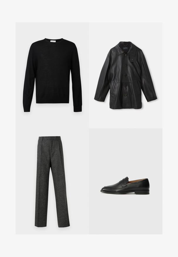 Black leather coat with a collar, button closure, two front pockets, and a textured finish. Features a tag on the collar for brand identification.; Black long-sleeve sweater made from soft fabric, features a round neckline, ribbed cuffs, and a straight hem. Minimalist design, no patterns.; Gray tailored trousers made of textured fabric, featuring two front pleats and a straight-leg design. No visible pockets or embellishments.; Black leather loafer with a rounded toe, subtle stitched detailing, and a low heel, featuring a smooth texture and minimalist design.