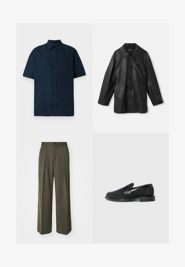 Cappotto in pelle nera con colletto, chiusura a bottone, due tasche frontali e finitura testurizzata. Presenta un'etichetta sul colletto per l'identificazione del marchio.; Camicia a maniche corte, con bottoni, di un blu navy scuro, realizzata in cotone testurizzato, con una tasca sul petto e cinque bottoni sul davanti.; Filippa K WIDE TROUSERS - Pantaloni - driftwood; Scarpa nera a mocassino intrecciata con un accentuato in pelle liscia sulla parte superiore, design a punta rotonda e suola in gomma a profilo basso.