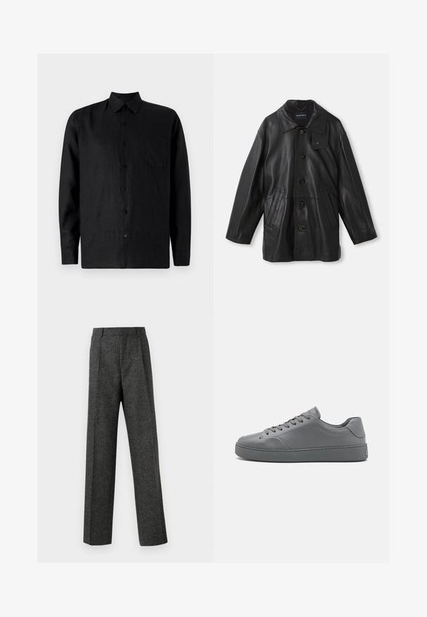 Fekete bőrdzseki, gallérral, gombos záródással, két elülső zsebbel és texturált felülettel. A galléron található címke a márka azonosítására szolgál.; Fekete vászon, hosszú ujjú ing gombos elejével, hegyes gallérral, egyetlen mellzsebbel és sima felülettel.; Szürke, texturált anyagból készült, szabott nadrág, két elülső pliszével és egyenes lábbal. Nincsenek látható zsebek vagy díszítések.; Szürke szintetikus sportcipők sima textúrával, alacsony szabású dizájnnal, lekerekített orral és sík gumitalppal. Szürke fűzőkkel és diszkrét márkázással rendelkezik.