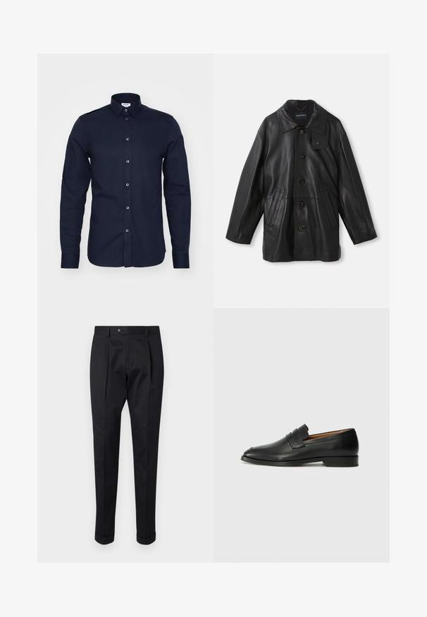 Schwarzer Ledermantel mit Kragen, Knopfverschluss, zwei Fronttaschen und strukturierter Oberfläche. Enthält ein Etikett am Kragen zur Markenidentifikation.; Dunkelblaues Langarmhemd aus Baumwolle mit Button-Down-Kragen und Knöpfen an der Vorderseite. Verfügt über eine glatte Textur und eine strukturierte Passform.; Schwarze Hosen aus einem glatten Stoff, mit einem Faltenwurf vorne, einem Knopfverschluss und umgeschlagenen Säumen am Knöchel.; Schwarze Leder-Slipper mit runder Zehenform, dezenten gestickten Details und niedrigem Absatz, ausgestattet mit glatter Textur und minimalistischem Design.