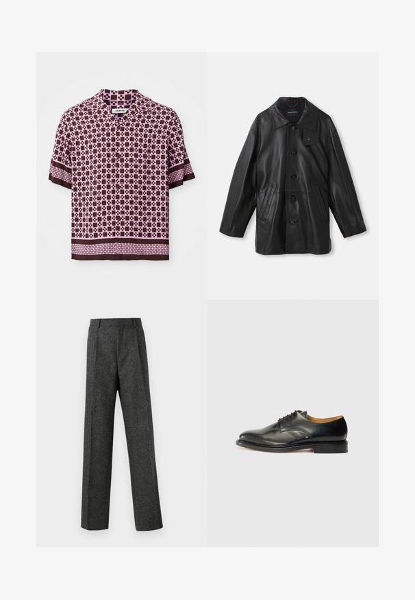 Melnas ādas mētelis ar apkakli, pogu aizdari, divām priekšējām kabatām un strukturētu virsmu. Satur birku uz apkakles zīmola identificēšanai.; Īsa piedurkne krekls ar brūnu un rozā ģeometrisku rakstu, izgatavots no viegla auduma ar apkakles dekoltē un pogu aizdari.; Pelēki piegriezti bikses, izgatavotas no tekstūras auduma, ar diviem priekšējiem krokām un taisnu kāju dizainu. Nav redzamu kabatu vai rotājumu.; Melnas ādas kleitu kurpes ar gludu apdari, noapaļota purngala forma un minimālas saites. Iezīmējas ar niansētu dizainu un zemu, stabilu gumijas zoli.