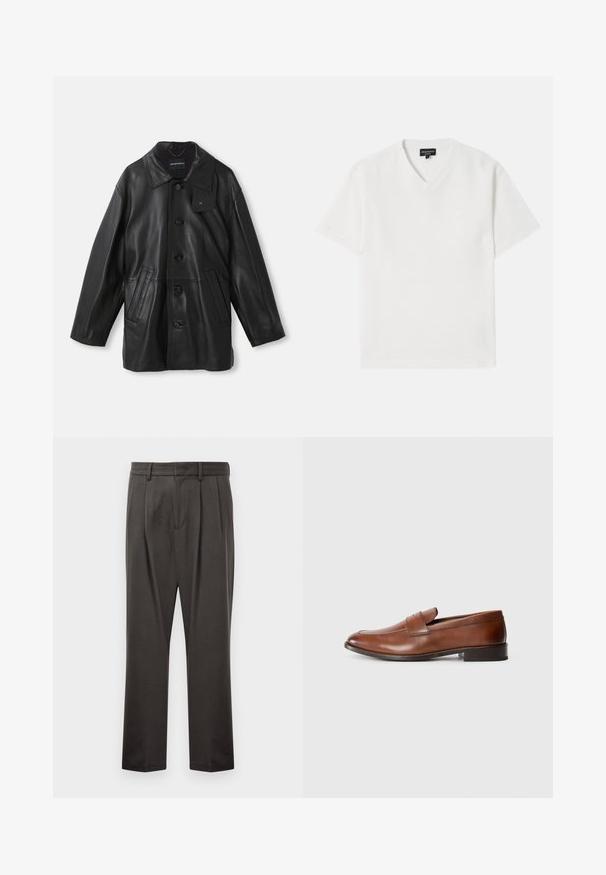 Black leather coat with a collar, button closure, two front pockets, and a textured finish. Features a tag on the collar for brand identification.; White short-sleeve V-neck t-shirt made from textured fabric with a subtle pattern. Features a small logo on the chest.; Dark gray trousers made from textured fabric, featuring a flat front, pleats, straight legs, and belt loops. No visible hardware or patterns.; Brown leather loafers with a rounded toe, minimal stitching, and a low block heel. Features a decorative strap across the vamp.