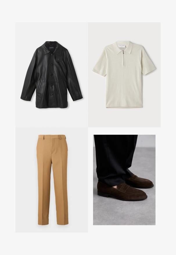 Juodas odinis paltas su apykakle, mygtukų uždarymu, dviem priekinėmis kišenėmis ir tekstūruotu paviršiumi. Apykaklėje yra etiketė prekių ženklui identifikuoti.; Šviesiai bežinis trumpomis rankovėmis polo marškinėliai su užtrauktuku ant apykaklės. Pagaminti iš lygaus audinio, pasižymi paprastu, moderniu dizainu be raštų.; Kreminės spalvos kelnės, pagamintos iš audinio, turinčios tiesų kirpimą, lygią priekį ir diržo kilpos. Sklandus paviršius be matomų raštų.; Bally CHARNEY - Puošnūs įsispiriami bateliai - ebano