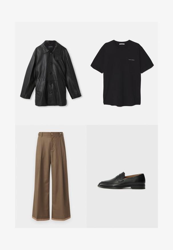 Must muströök, millel on krae, nööbid, kaks esipocketit ja tekstureeritud viimistlus. Kraele on märk brändi tuvastamiseks.; Must musta T-särk, ümar kaelus, lühikesed varrukad ja valge logo trükk vasakul rinnal. Lihtne, ühtlane värvitoon.; Laiad sääred tumepruunides pükstes, millel on kaks küljetaskut, kaks dekoratiivset nupukest ees ja kontrastne äärise detail.; Must musta loafers ümarate varvastega, peene tikandiga ja madala kontsaga, millel on sile tekstuur ja minimalistlik disain.