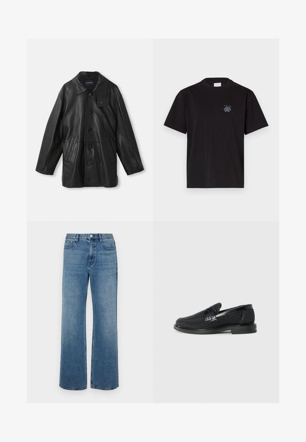 Černý kožený kabát s límcem, zapínáním na knoflíky, dvěma předními kapsami a texturovaným povrchem. Na límci se nachází štítek pro identifikaci značky.; Černé bavlněné tričko s kulatým výstřihem a krátkými rukávy. Na levé části hrudi se nachází malé modré logo. Jednoduchý, rovně střižený design.; Široké modré džíny vyrobené z denimu s vybledlým povrchem. Mají pět kapes, přední zapínání na knoflík a rovný střih.; Černé pletené nazouvací boty s hladkým koženým akcentem na svršku, kulatou špičkou a nízkoprofilovou gumovou podrážkou.