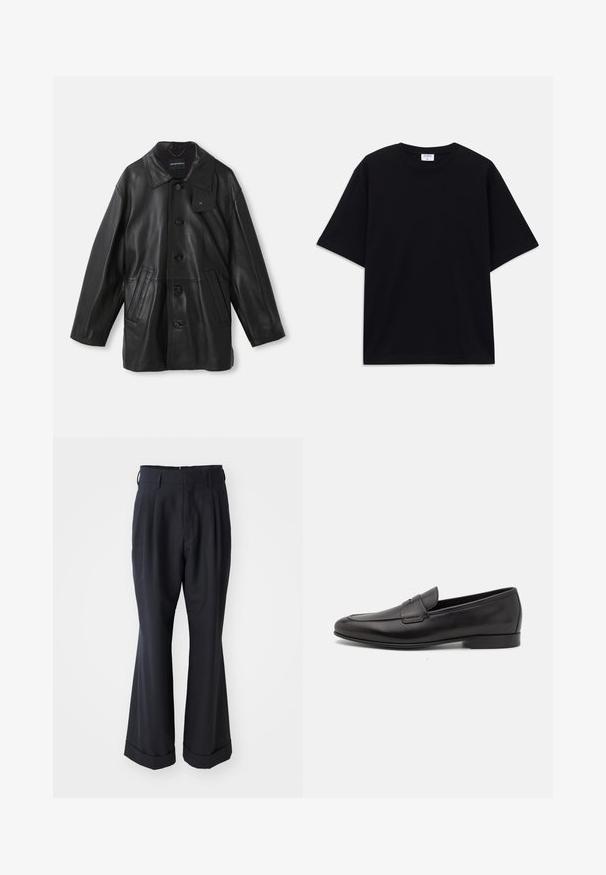 Schwarzer Ledermantel mit Kragen, Knopfverschluss, zwei Fronttaschen und strukturierter Oberfläche. Enthält ein Etikett am Kragen zur Markenidentifikation.; Schwarzes, oversized T-Shirt mit kurzen Ärmeln und rundem Ausschnitt, mit sichtbarem Filippa K Markenlabel im Kragen.; Schwarze, maßgeschneiderte Hosen mit lockerer Passform, gefaltetem Vorderteil und weitem Bein. Mit einem umgeschlagenen Saum und glattem Stoffgefühl.; Schwarze Leder-Herrenloafer mit niedrigem Absatz und klassischem Penny-Riemen-Design, seitlich auf einem weißen Hintergrund dargestellt.