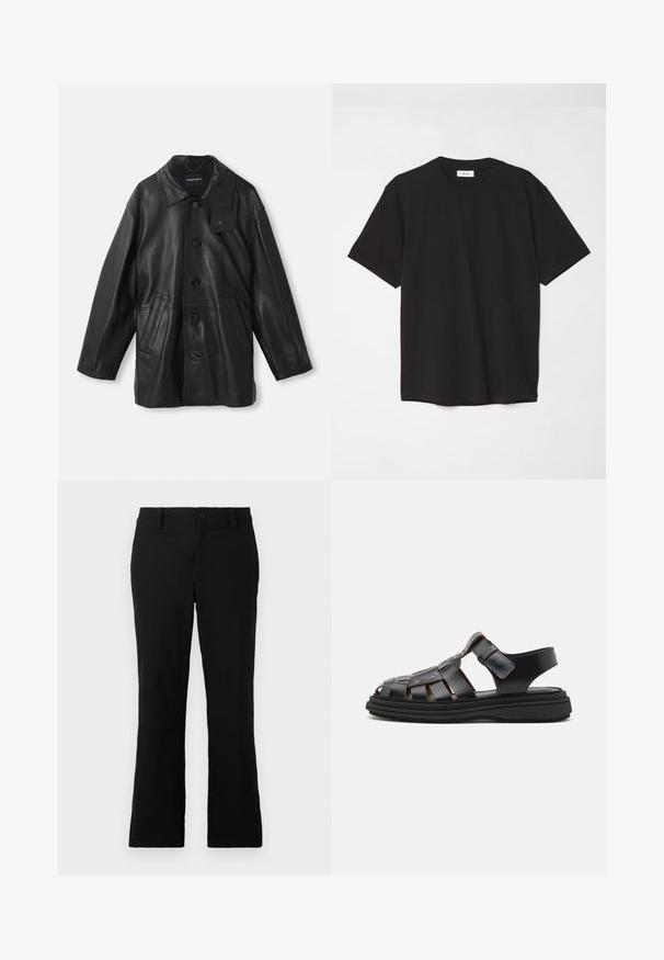 Abrigo de cuero negro con cuello, cierre de botón, dos bolsillos delanteros y un acabado texturizado. Presenta una etiqueta en el cuello para la identificación de la marca.; Camiseta de algodón negra con cuello redondo, mangas cortas y un corte relajado. Diseño simple, textura suave y sin patrones o logotipos visibles.; Pantalones de campana negros hechos de una mezcla de algodón, con cierre de botón, trabillas para el cinturón y una textura suave sin patrones visibles.; Sandalias de cuero negro con un diseño trenzado, que cuentan con correas ajustables, acentos metálicos y una suela negra gruesa para mayor estabilidad.