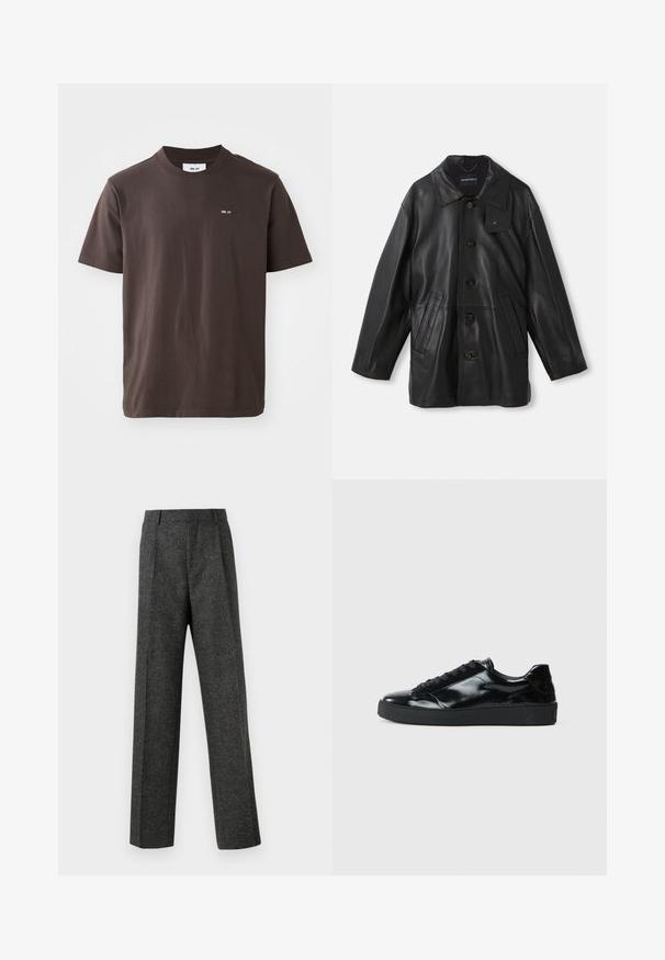 Černý kožený kabát s límcem, zapínáním na knoflíky, dvěma předními kapsami a texturovaným povrchem. Na límci se nachází štítek pro identifikaci značky.; Hnědý bavlněný tričko s žebrovaným kulatým výstřihem. Obsahuje malé bílé logo na levém prsu. Krátké rukávy a rovný lem.; Šedé kalhoty na míru vyrobené z texturované tkaniny, s dvěma předními záhyby a rovnými nohavicemi. Bez viditelných kapes nebo ozdob.; Černé lakované kožené tenisky s kulatou špičkou, šněrováním, texturovanou gumovou podrážkou a hladkým povrchem.