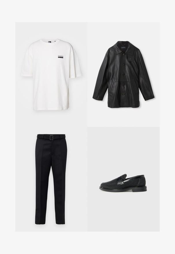 Černý kožený kabát s límcem, zapínáním na knoflíky, dvěma předními kapsami a texturovaným povrchem. Na límci se nachází štítek pro identifikaci značky.; Bílý bavlněný tričko s volným střihem, kulatým výstřihem a krátkým rukávem. Má malou černou etiketu na levé části hrudi.; Černé oblekové kalhoty mají hladkou tkaninu, rovný střih a pas s opaskem a obdélníkovou sponou. Výrazné přední záhyby zvýrazňují design.; Černé pletené nazouvací boty s hladkým koženým akcentem na svršku, kulatou špičkou a nízkoprofilovou gumovou podrážkou.