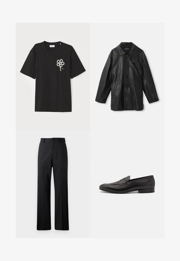 Černý kožený kabát s límcem, zapínáním na knoflíky, dvěma předními kapsami a texturovaným povrchem. Na límci se nachází štítek pro identifikaci značky.; Černé bavlněné tričko s kulatým výstřihem a krátkými rukávy, zdobené bílou vyšívanou květinou na levé části hrudi.; Černé kalhoty rovného střihu s poutky na opasek, předním knoflíkem a zipovým zapínáním, vystavené na čistém bílém pozadí.; Černé kožené mokasíny s elegantním designem, zaoblenou špičkou a nízkým podpatkem. Mají dekorativní prošívaný detail na svršku.