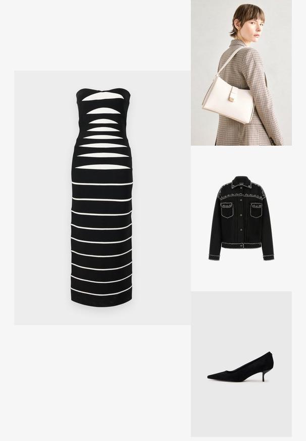 Čierna riflová bunda s striebornými klincami pozdĺž ramien, vreciek a spodného okraja. Má klasický golier a zapínanie na gombíky.; Hervé Léger THE CAMERON GOWN - Svetríkové šaty - black; Čierne semišové lodičky s špicatou špičkou a úzkym, nízkym opätkom. Hladká textura s elegantným dizajnom, bez viditeľných kovových súčiastok.; Biely kožený kabelka so štruktúrovaným dizajnom, s magnetickým uzáverom a ramenným popruhom, vystavená na neutrálnom pozadí.