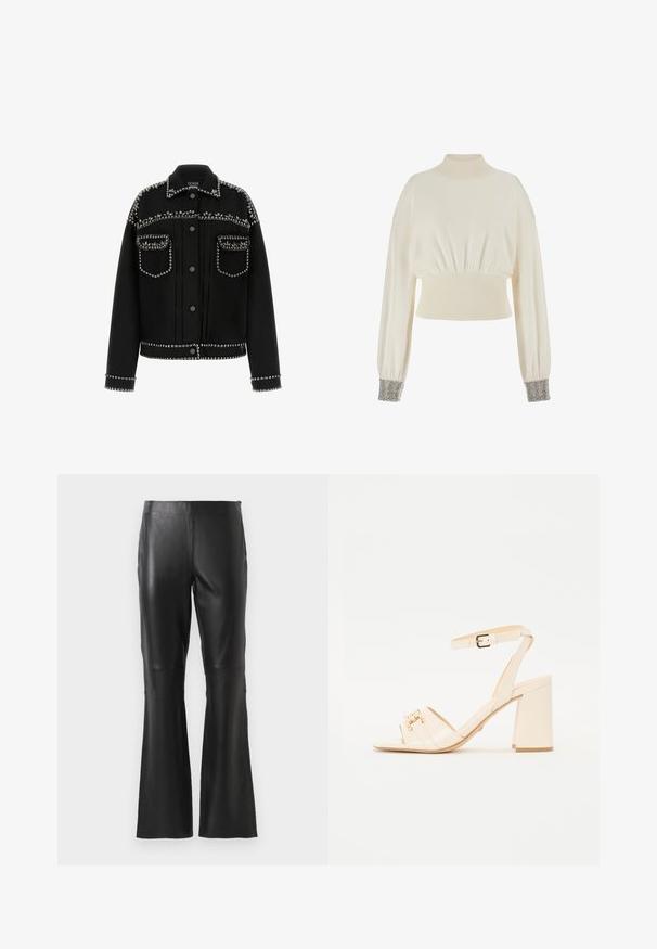 Mustmust mustrük, millel on hõbedased nupud õlgadel, taskutel ja äärtes. Sellel on klassikaline krae ja nupuvajutuse sulgemine.; Kreemivärvi lühikese varrukaga kampsun kõrge kaelusega, ribakujulise vöökoha ja lõtvade varrukatega. Varrukate otstes on metallist helmed.; Mustad kõrge vöökoha faux nahast püksid, flared jalgade ja eesmise õmbluse detailidega, kujutatud lihtsa valge taustaga.; Beež patentnahast sandaal ruudukujulise varbaga, kahe esihihnaga, pahkluu rihmaga lukuga ja ploki kontsaga.