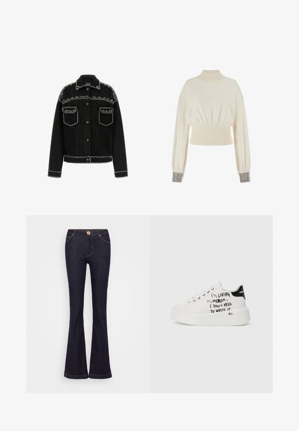 Black denim jacket featuring silver studs along the shoulders, pockets, and hem. It has a classic collar and button-front closure.; Cream-colored cropped sweater with a high neck, ribbed waist, and loose sleeves. Cuffs adorned with metallic bead detailing.; Flared dark blue denim jeans with a high waist, gold button hardware, contrasting stitching, and two front pockets.; White platform sneakers with black accents, featuring a textured sole and handwritten text on the sides. Smooth leather material.