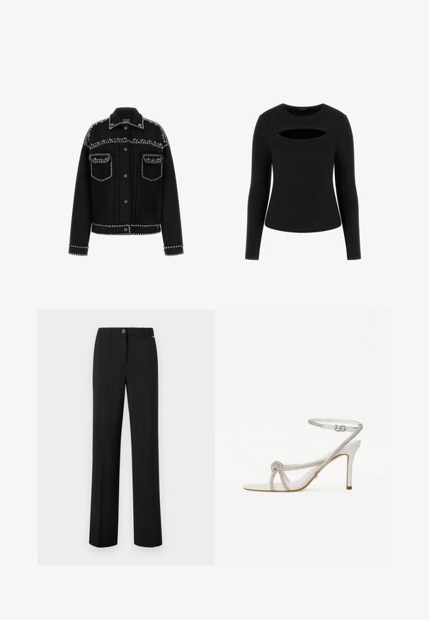 Melna džinsa jaka ar sudraba kniedēm plecu, kabatu un apakšmalas daļā. Tai ir klasiskā apkakle un pogu aizdare.; Melna garām piedurknēm augšdaļa ar ribotu tekstūru un unikālu izgriezumu krūšu rajonā, ar apaļu kakla izgriezumu un pieguļošu siluetu.; Melni pielāgoti bikses ar taisnu kāju, ar smalku tekstūru, priekšējo pogu aizdari un klasisku griezumu.; Baltas augstpapēžu sandales ar strukturētu siksniņu, kas rotāta ar rhinestones, atvērta purngala dizains un potītes siksniņa ar regulējamu sprādzi.