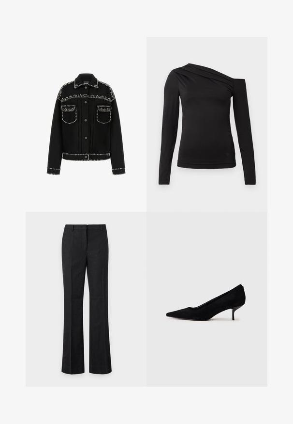 Fekete farmerdzseki ezüst szegecsekkel a vállakon, zsebeknél és az alján. Klasszikus gallérral és gombos elülső záródással rendelkezik.; Fekete, hosszú ujjú felső aszimmetrikus nyakkivágással, amelyen az egyik váll szabadon van, és finom redők futnak a mellkason.; Fekete, sima anyagból készült, kis fémbetétekkel díszített széles szárú nadrág. Laposan varrott elülső része és normál derékrésze van.; Fekete velúr magassarkú cipő hegyes orral és vékony, alacsony sarokkal. Simább textúrájú, letisztult dizájn, amelyen nincsenek látható fém alkatrészek.