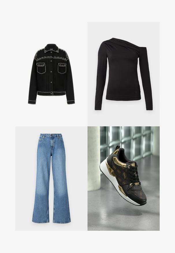 Melna džinsa jaka ar sudraba kniedēm plecu, kabatu un apakšmalas daļā. Tai ir klasiskā apkakle un pogu aizdare.; Melnas garām piedurknēm blūze ar asimetrisku kakla izgriezumu, kur viens plecs ir atklāts un maigā drapējuma akcenti krūšu daļā.; Augstās jostasvietas, platā kāju, zilas džinsu bikses ar priekšējiem kabatām, jostas cilpām un pogas un rāvējslēdzēja aizdari.; Melnas kedas ar zeltī nu akcentiem, ar teksturētu logotipa rakstu, metāliskiem akcentiem un mīkstinātu baltu zoli.