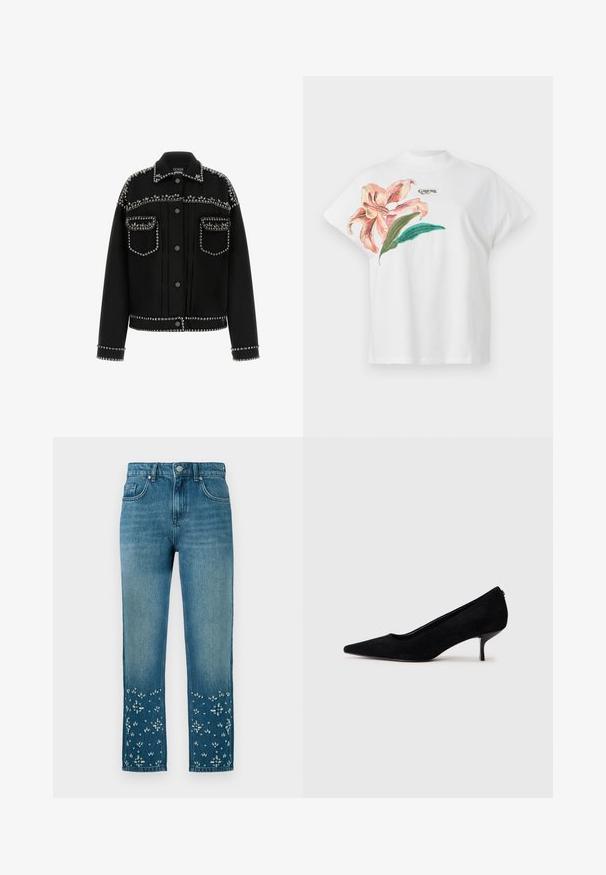 Juodas džinsinis švarkelis su sidabrinėmis smeigėmis palei pečius, kišenes ir apatinę dalį. Jis turi klasikinį apykaklę ir mygtukų uždarymą.; Balta medvilninė marškinėliai trumpomis rankovėmis su rožiniu gėlių raštu ir žaliais lapais kairėje pusėje. Virš rašto yra pilkas "Guess" logotipas.; Mėlynos džinsinės kelnės su tiesiu siluetu, puoštos floristiniais siuvinėjimais ir dekoracijomis apačioje, bei penkių kišenių dizainu.; Juodas zomšinis aukštakulnis batus su smailiu kojų pirštu ir plonu, žemu kulnu. Lygi tekstūra su elegantišku dizainu, be matomų metalinių detalių.